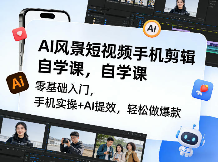AI风景短视频手机剪辑自学课,零基础入门,手机实操+AI提效,轻松做爆款-水滴知识网