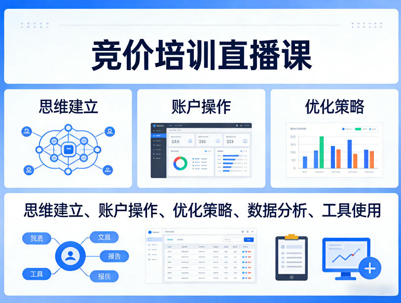竞价培训直播课,覆盖思维建立、账户操作、优化策略、数据分析、工具使用等,全方位提升效果-水滴知识网