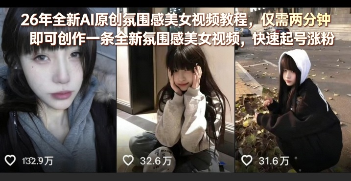 26年全新AI原创氛围感美女视频教程,仅需两分钟即可创作一条全新氛围感美女视频,快速起号涨粉-水滴知识网