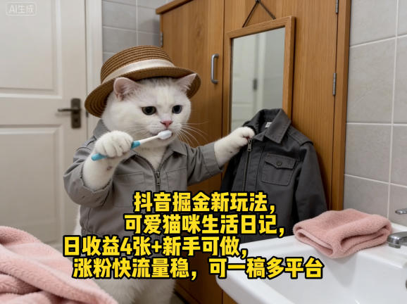 抖音掘金新玩法,可爱猫咪生活日记,日收益4张+新手可做,涨粉快流量稳,可一稿多平台-水滴知识网