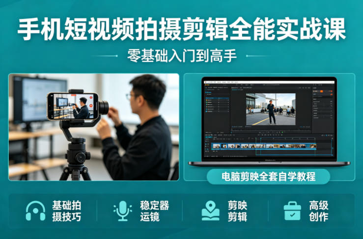 手机短视频拍摄剪辑全能实战课:零基础入门到高手,稳定器运镜+电脑剪映全套自学教程-水滴知识网