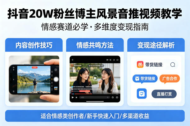 抖音20W粉丝博主风景音推视频教学,情感赛道必学,各种变现途径-水滴知识网