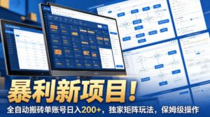 暴利新项目!全自动搬砖单账号日入200+,独家矩阵玩法,保姆级操作【揭秘】-水滴知识网