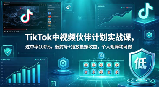 TikTok中视频伙伴计划实战课，过中率100%，低封号+播放量賺收益，个人矩阵均可做-水滴知识网