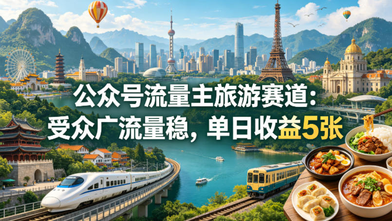 公众号流量主之旅游赛道，受众广+流量稳，平均单日收益5张+-水滴知识网