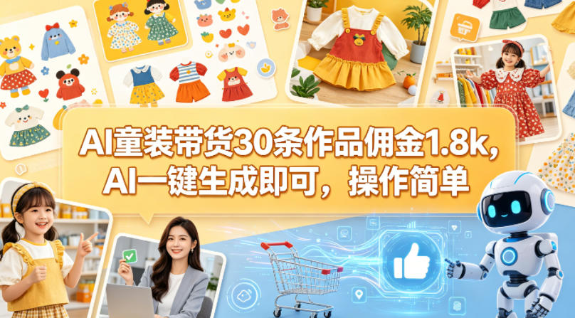 AI童装带货30条作品佣金1.8k,AI一键生成即可,操作简单-水滴知识网