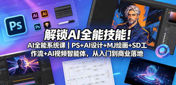 解锁AI全能技能!AI全能系统课|PS+AI设计+MJ绘画+SD工作流+AI视频智能体,从入门到商业落地-水滴知识网