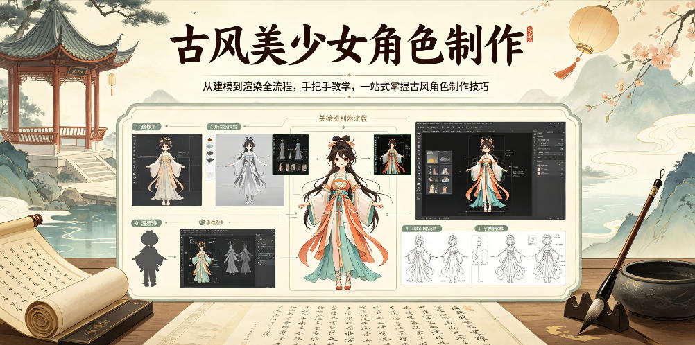 古风美少女角色制作,从建模到渲染全流程,手把手教学,一站式掌握古风角色制作技巧-水滴知识网