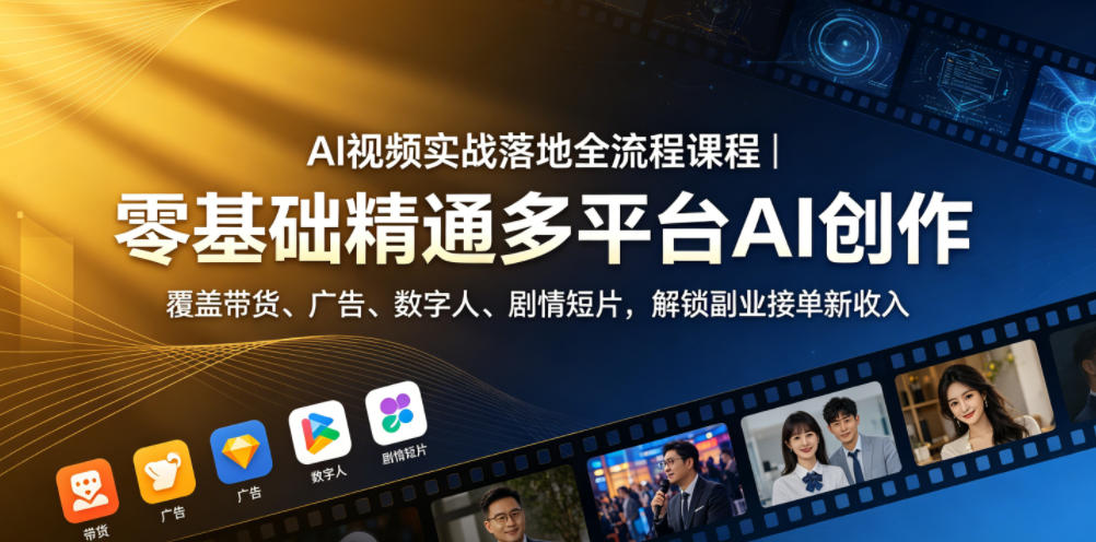 AI视频实战落地全流程课程|零基础精通多平台AI创作,覆盖带货、广告、数字人、剧情短片,解锁副业接单新收入-水滴知识网