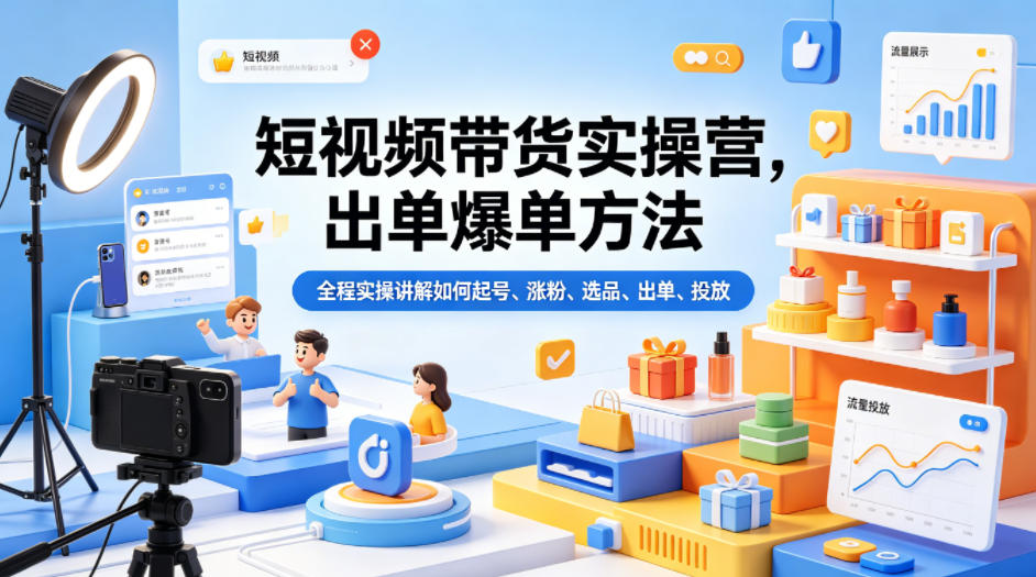 短视频带货实操营,出单爆单方法,全程实操讲解如何起号、涨粉、选品、出单、投放-水滴知识网