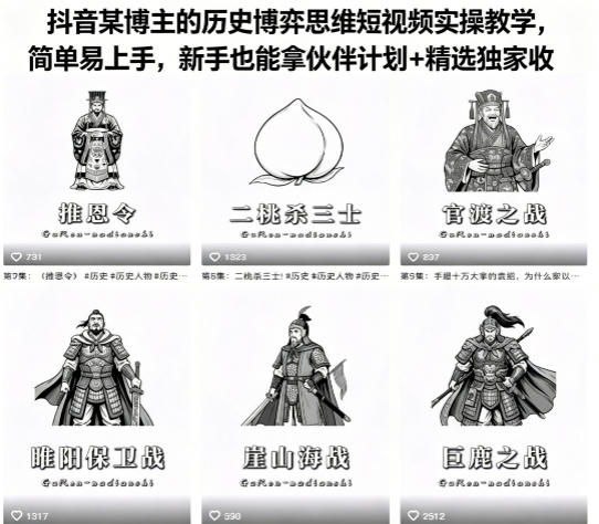 抖音某博主的历史博弈思维短视频实操教学，简单易上手，新手也能拿伙伴计划+精选独家收益-水滴知识网